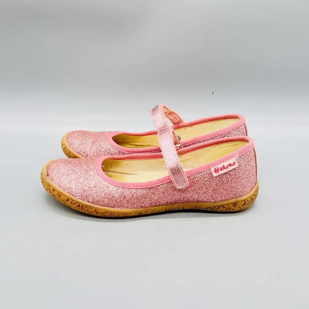 Naturino Shoes Girls 13 Pink Glitter Mary Jane Hook & Loop Strap Flats Casual
